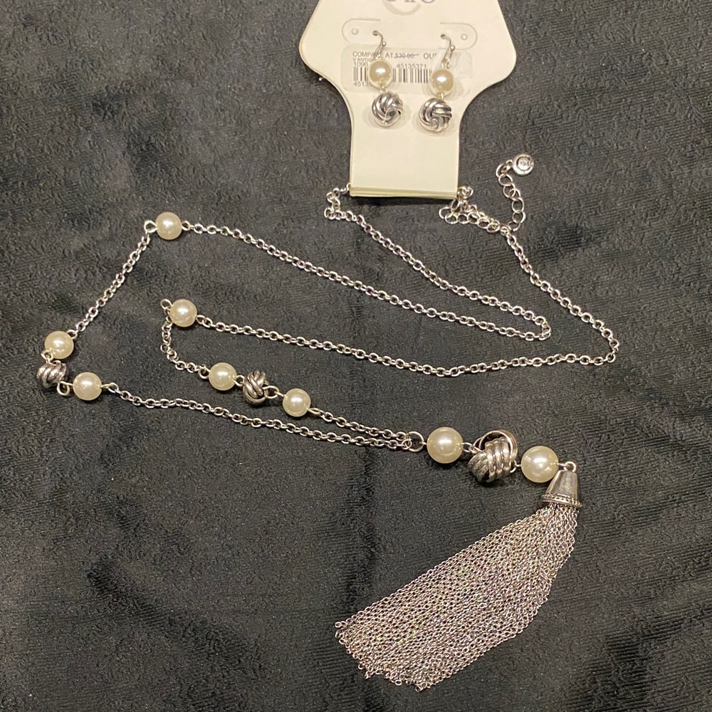 Cato 1946 Faux Pearls, Knot Style and Tassel Silver Tone Necklace Earring Set